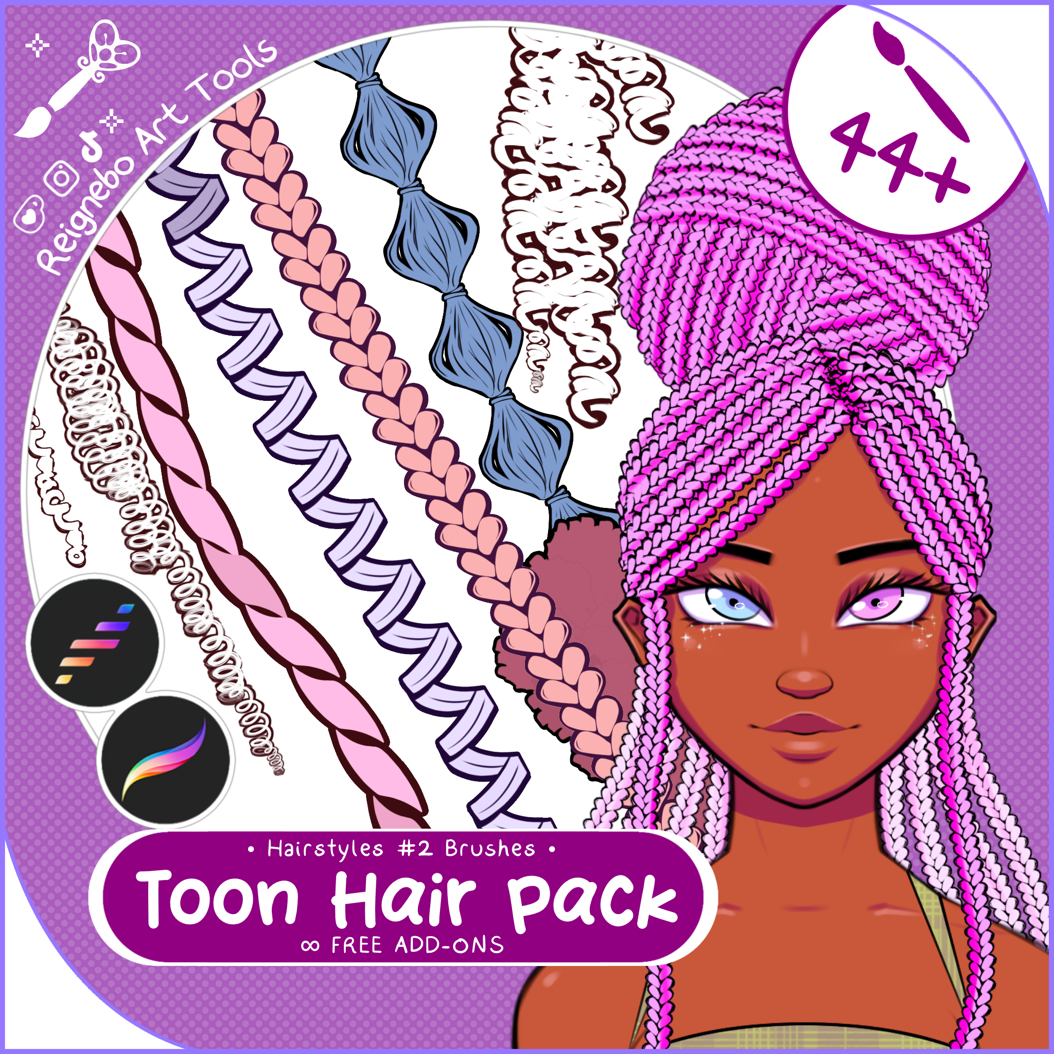 Toon Outline Hair Brushes, Braids, Curls, Locs & Coils • Procreate