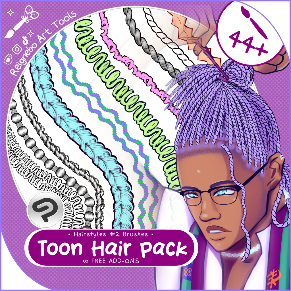 Toon Outline Hair Brushes, Braids, Curls, Locs & Coils • Clip Studio Paint