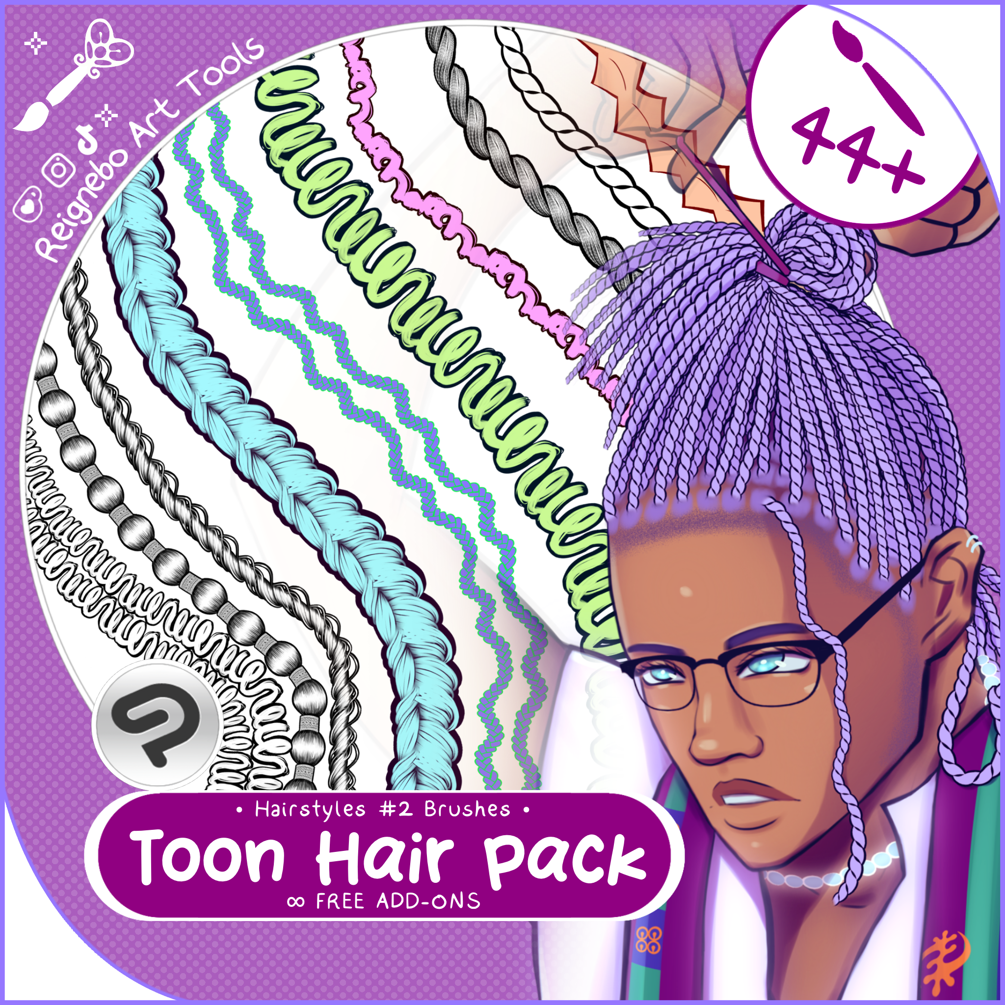 Toon Outline Hair Brushes, Braids, Curls, Locs & Coils • Clip Studio Paint