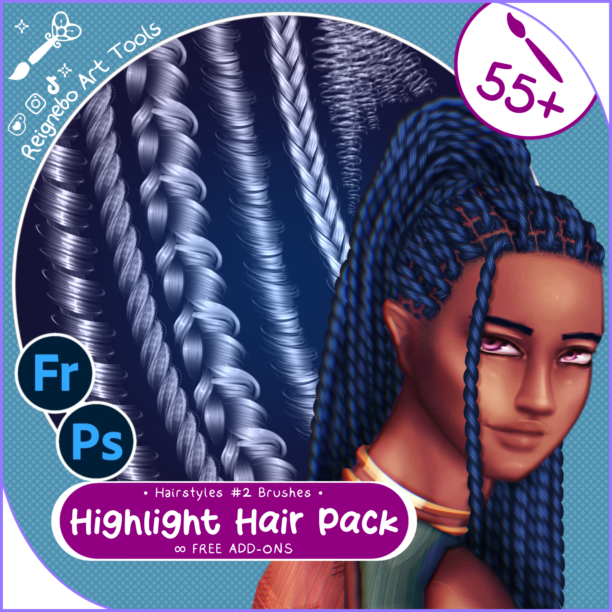 Highlight Hair Brushes, Braids, Curls, Locs & Coils • Photoshop, +
