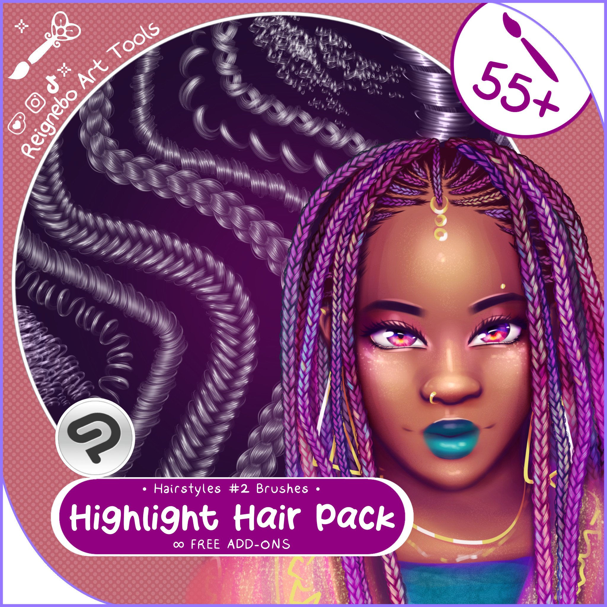 Highlight Hair Brushes, Braids, Curls, Locs & Coils • Clip Studio Paint