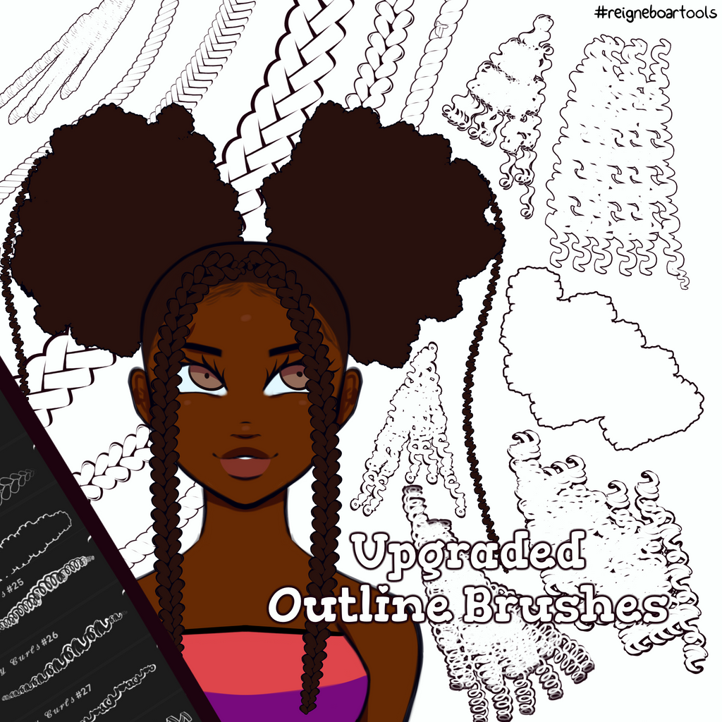 Toon Outline Hair Brushes, Braids, Curls, Locs & Coils • Procreate