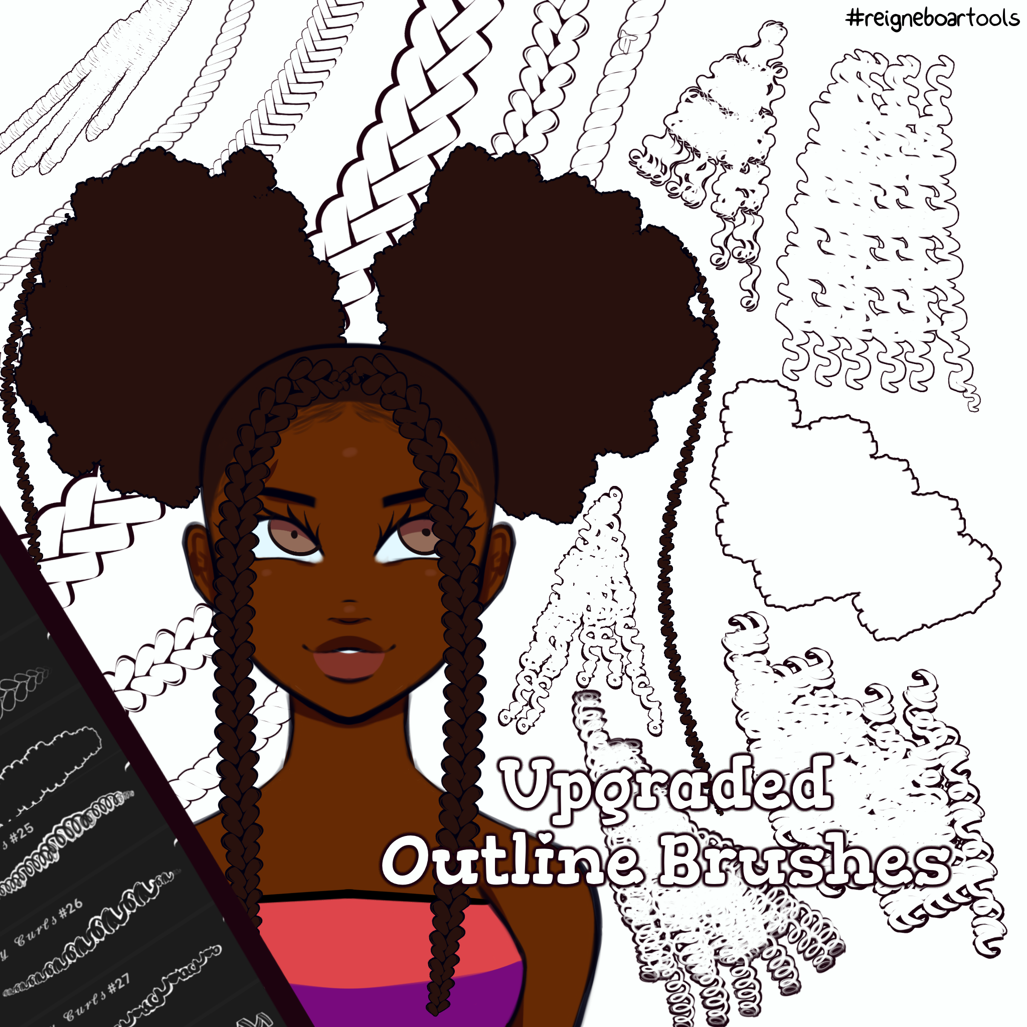 Toon Outline Hair Brushes, Braids, Curls, Locs & Coils • Procreate