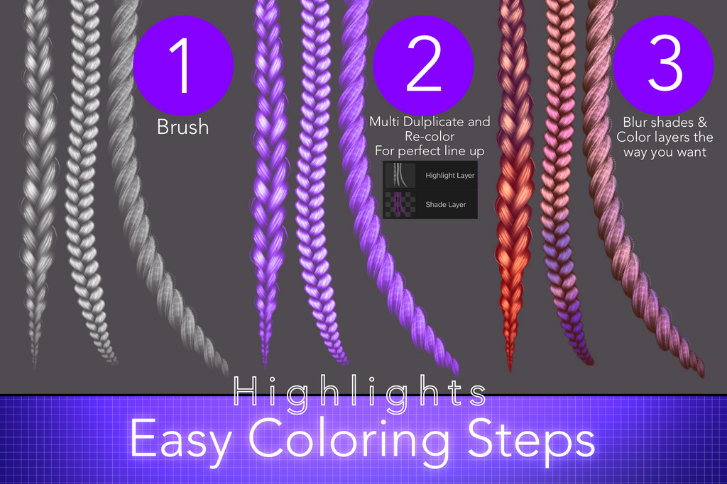 Highlight Hair Brushes, Braids, Curls, Locs & Coils • Procreate