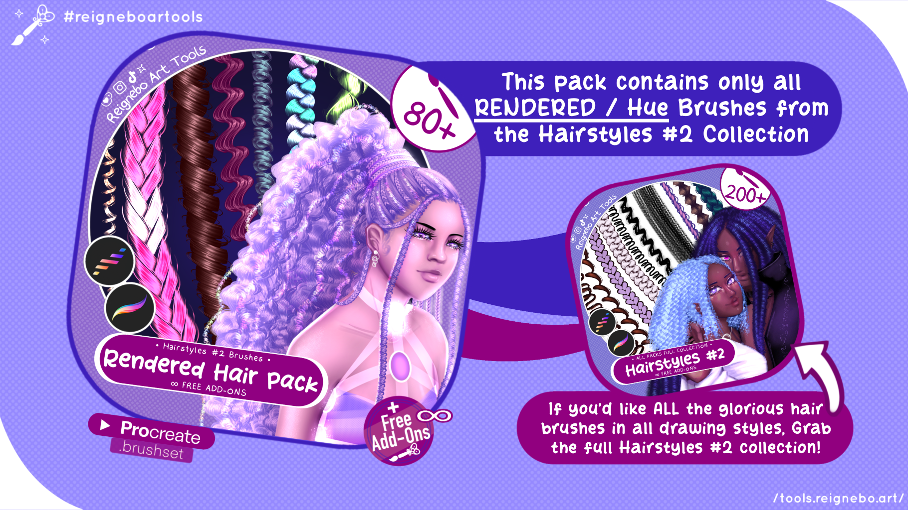 Rendered Hair Brushes, Braids, Curls, Locs & Coils • Procreate