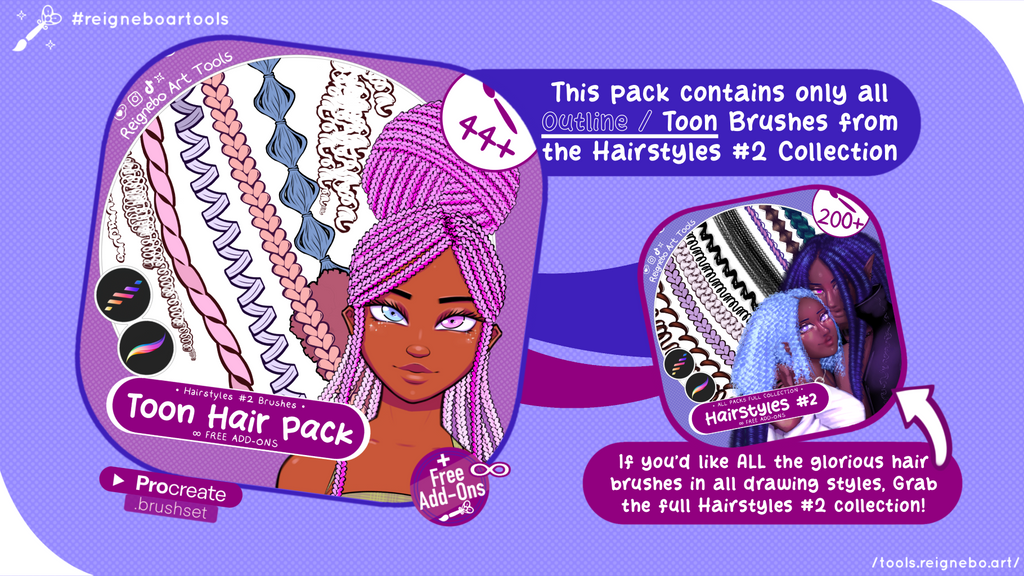 Toon Outline Hair Brushes, Braids, Curls, Locs & Coils • Procreate