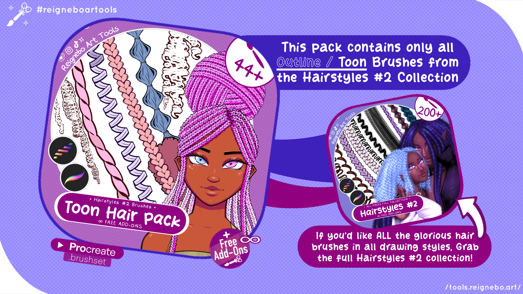 Toon Outline Hair Brushes, Braids, Curls, Locs & Coils • Procreate
