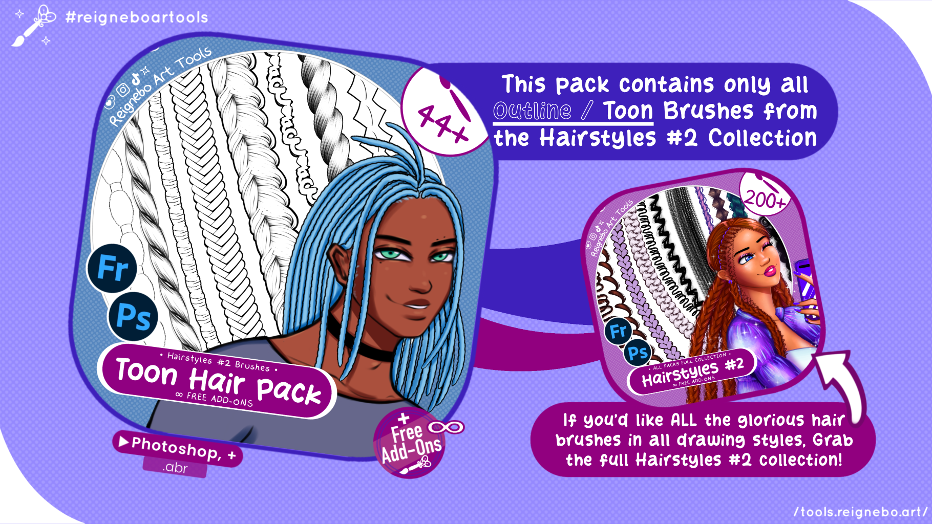 Toon Outline Hair Brushes, Braids, Curls, Locs & Coils • Photoshop, +