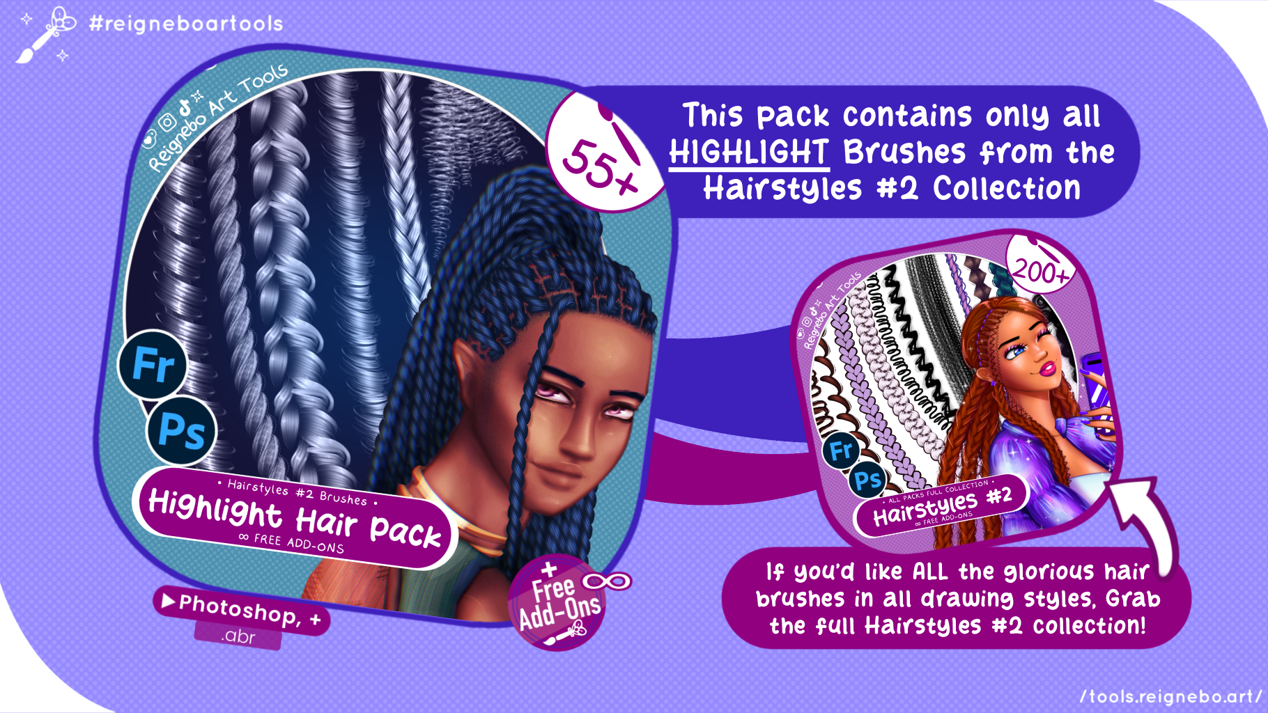 Highlight Hair Brushes, Braids, Curls, Locs & Coils • Photoshop, +
