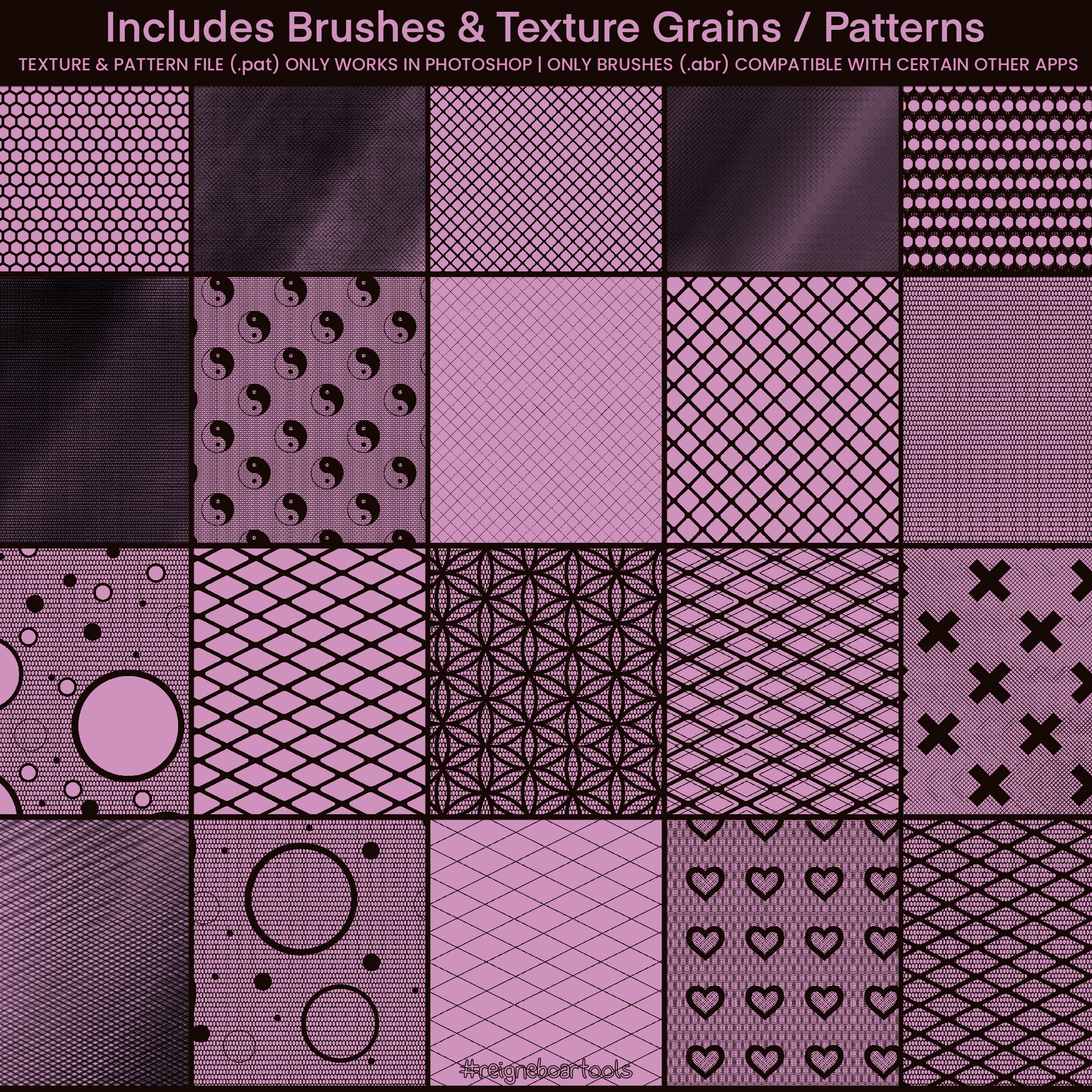 Grid of standard lace texture brush stroke samples for Photoshop, Lace & Mesh #1 set
