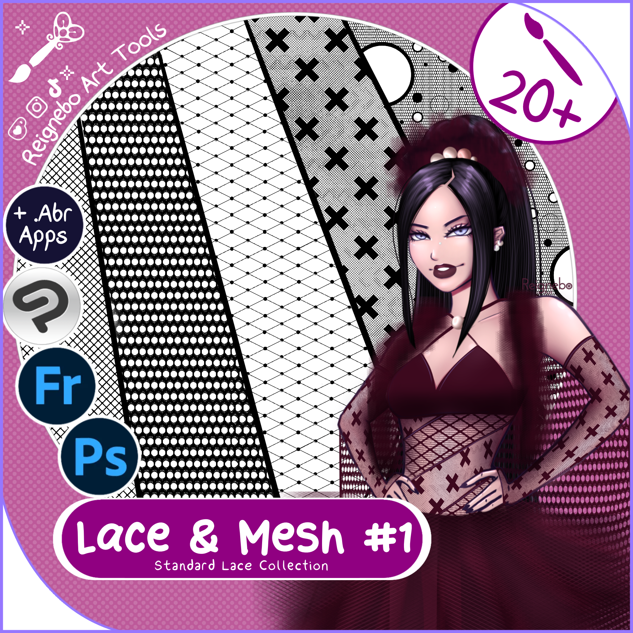 Lace & Mesh #1 cover for Photoshop and Clip Studio Paint - 20+ standard lace brushes shown as pattern strokes beside an illustrated character