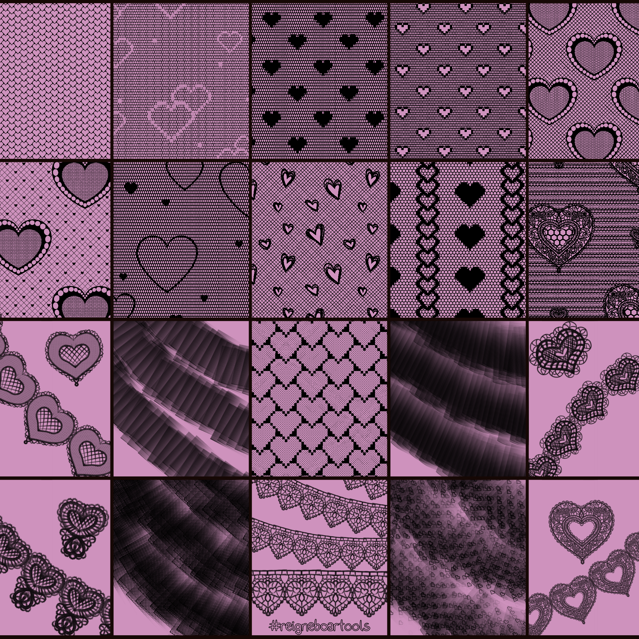 Grid of heart and lace texture brush stroke samples for Procreate, Lace & Mesh 2 set by Reignebo Art