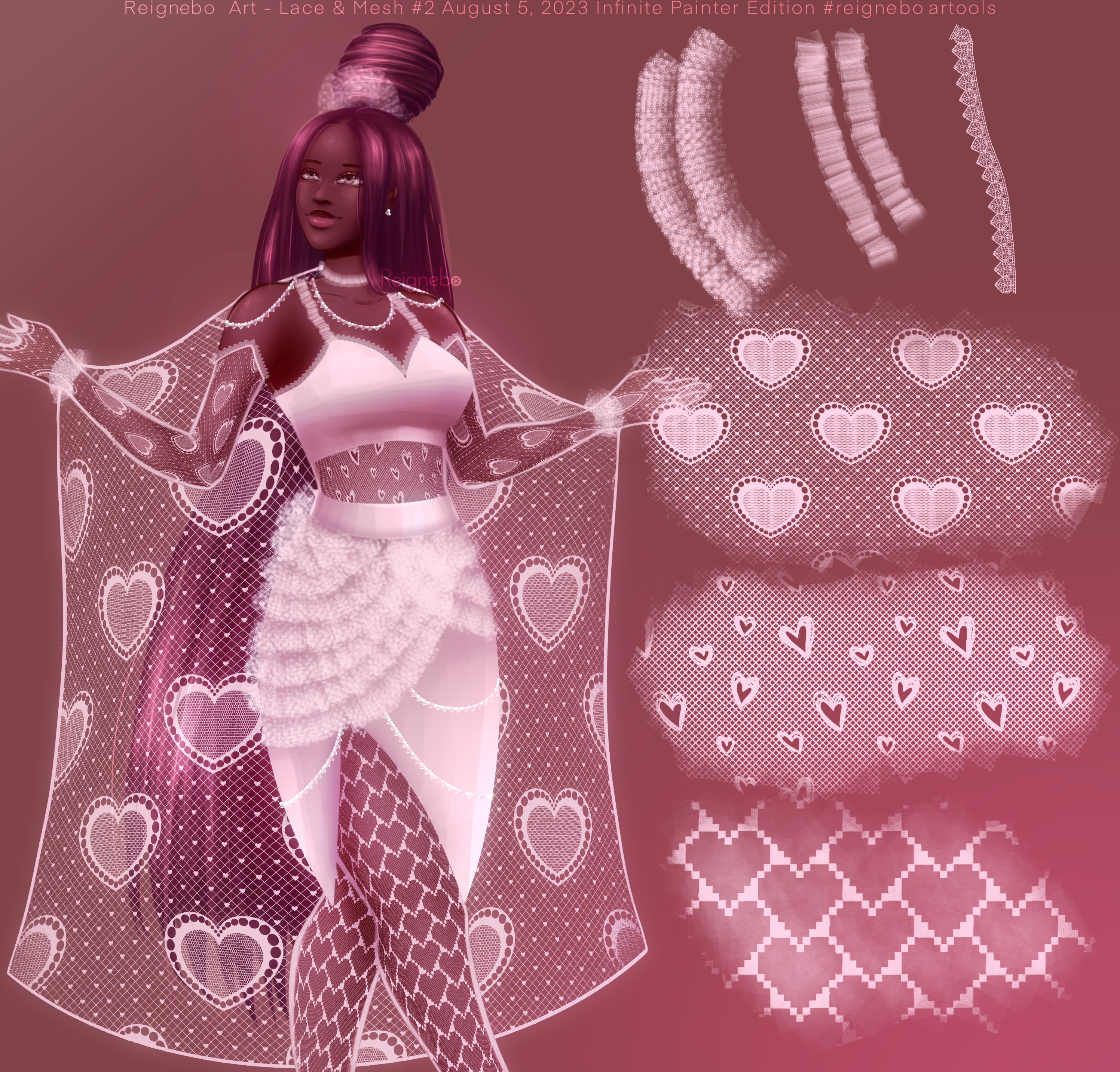 Illustrated character in white lace dress with heart-shaped lace brush stamps and doily designs, made with Lace & Mesh #2 Infinite Painter brushes
