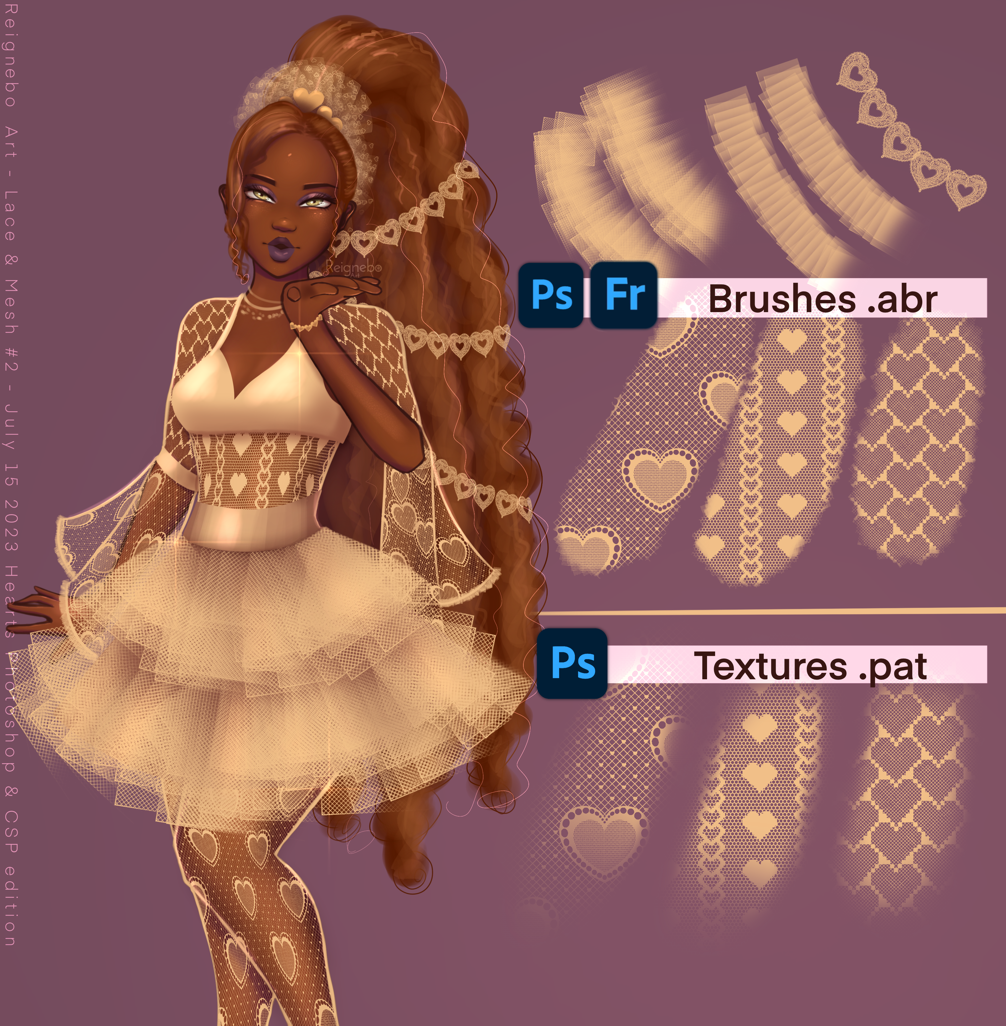 Illustrated character in white lace dress with heart-shaped lace brush stamps and doily designs, made with Lace & Mesh #2 Photoshop brushes