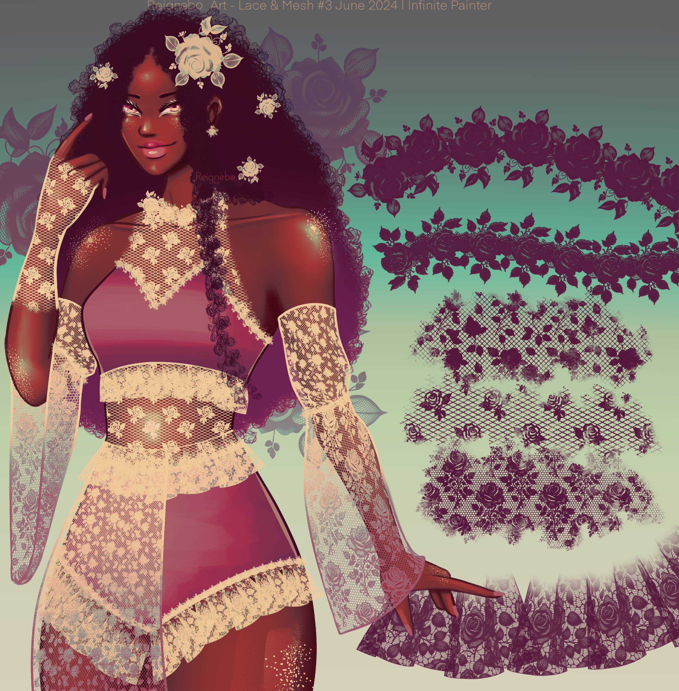 Illustrated character with rose lace brush stamps and floral trim designs, made with Lace & Mesh #3 Infinite Painter brushes