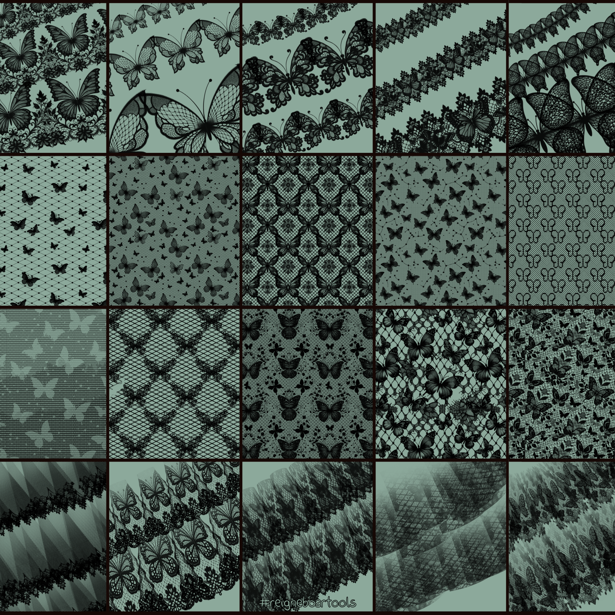Grid of butterfly and lace texture brush stroke samples for Procreate, Lace & Mesh #4 set by Reignebo Art Tools