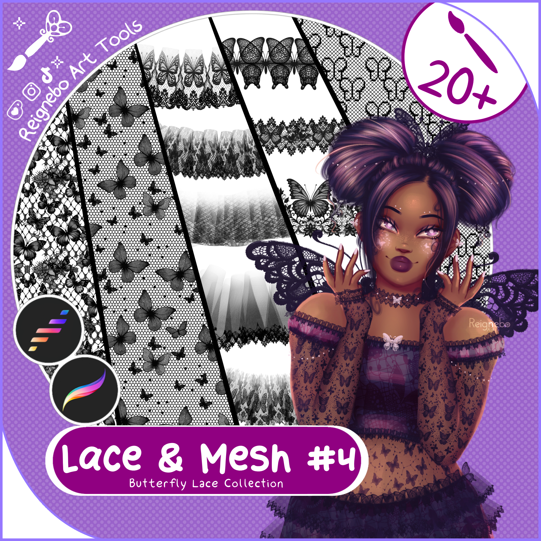 Lace & Mesh #4 Butterfly Lace cover for Procreate - brushes shown as butterfly and lace pattern strokes beside an illustrated character