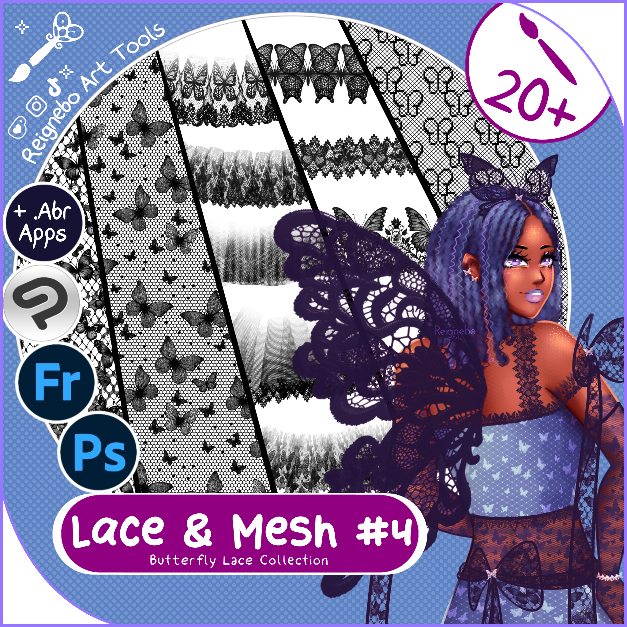 Lace & Mesh #4 Butterfly Lace cover for Photoshop and Clip Studio Paint - brushes shown as butterfly and lace pattern strokes beside an illustrated character