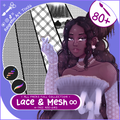 Lace & Mesh cover for Procreate — 80+ different lace brushes shown as pattern strokes beside an illustrated character