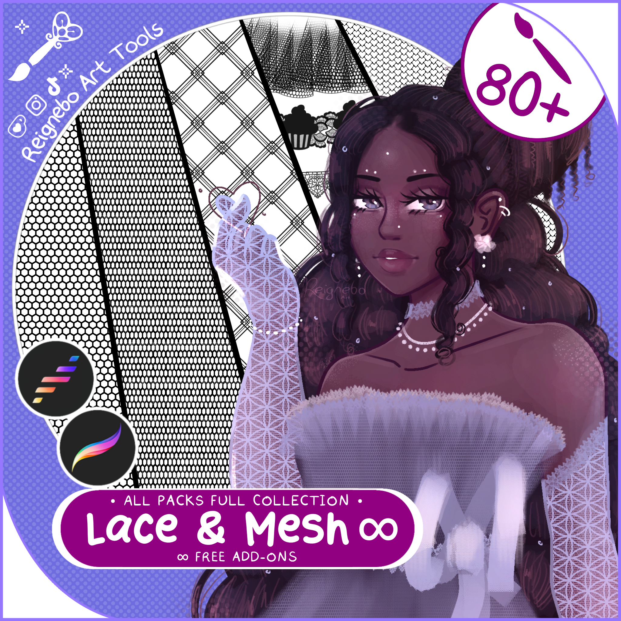 Lace & Mesh cover for Procreate — 80+ different lace brushes shown as pattern strokes beside an illustrated character