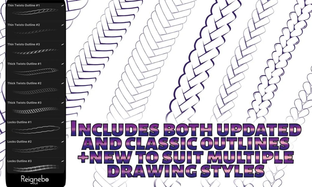 Toon Outline Hair Brushes, Braids, Curls, Locs & Coils • Procreate